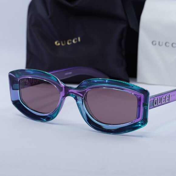 Gucci GG1719S 003 Geometric Sunglasses - Shiny Transparent Violet